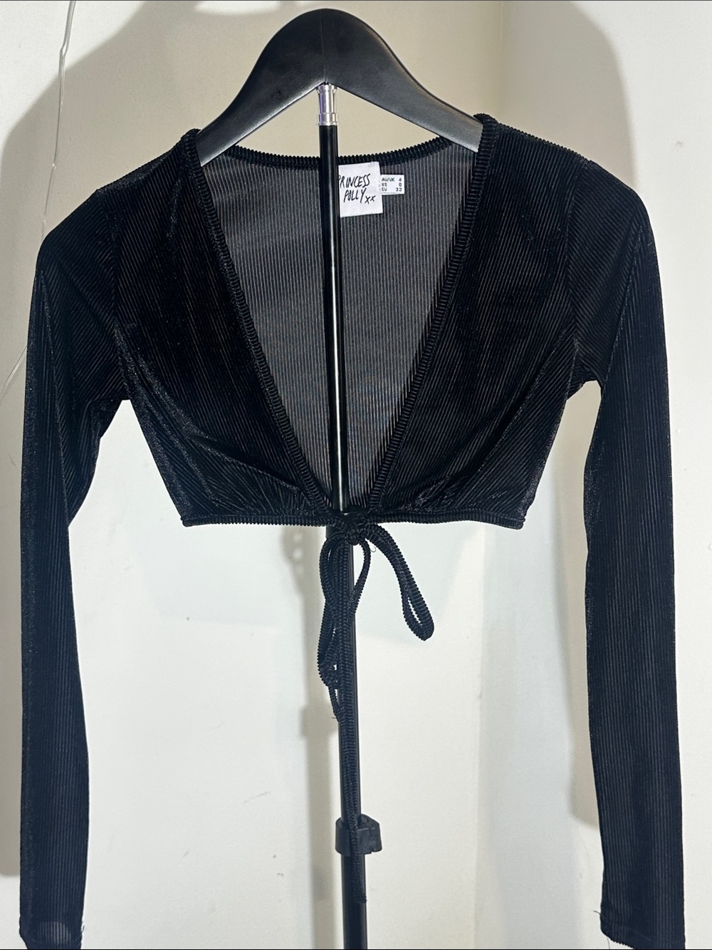 Princess Polly Black Ribbed Tie-Front Long Sleeve Cropped Cardigan